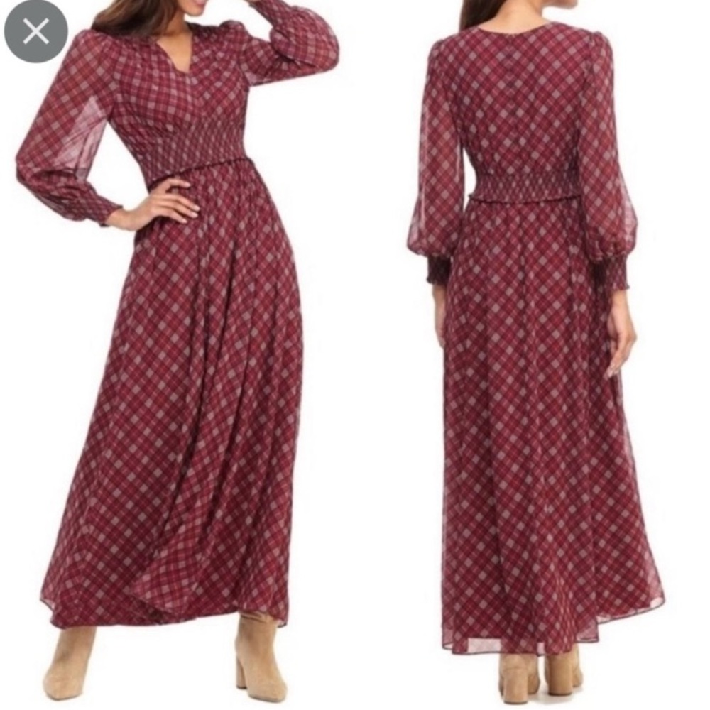 Gal Meets Glam Burgundy Plaid Maxi Dress size 2p